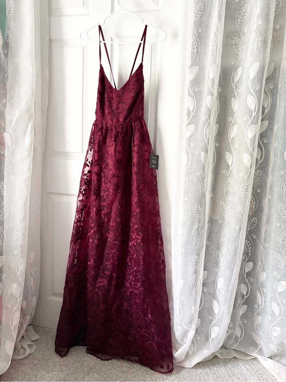 New Lulus Always With You Burgundy Floral Embroidered Organza Maxi Dress sz S